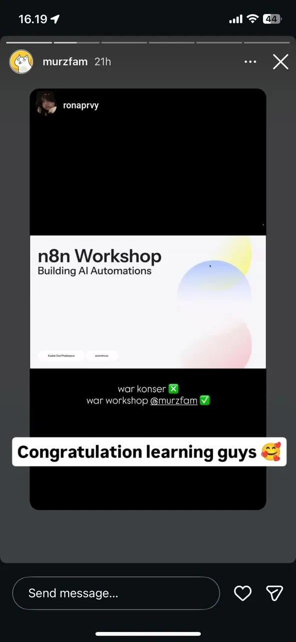 Murzfam Instagram story - peserta menunjukkan sertifikat workshop