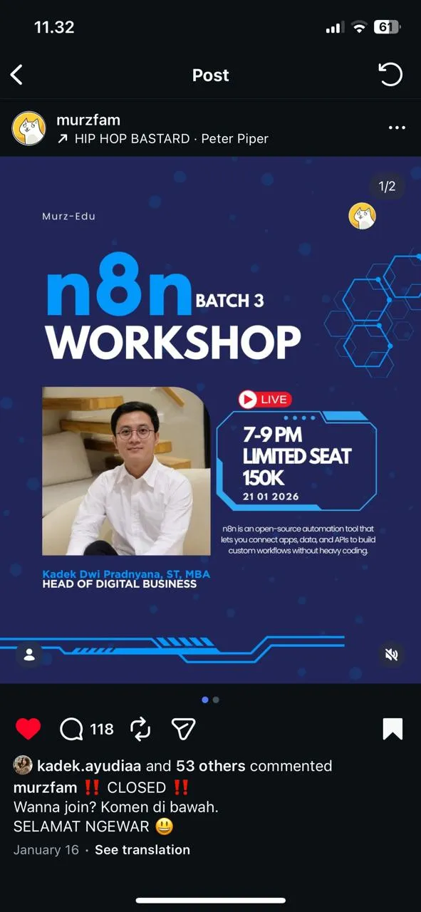 Murzfam Instagram post - 118 komentar, workshop CLOSED